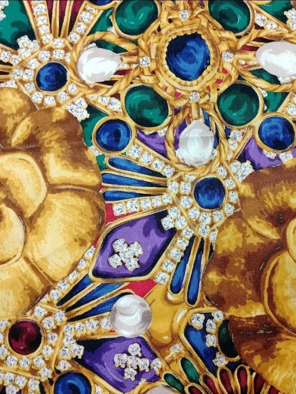 Auth Chanel Camellia And Jeweled Floral Silk Scarf with Gold Roses